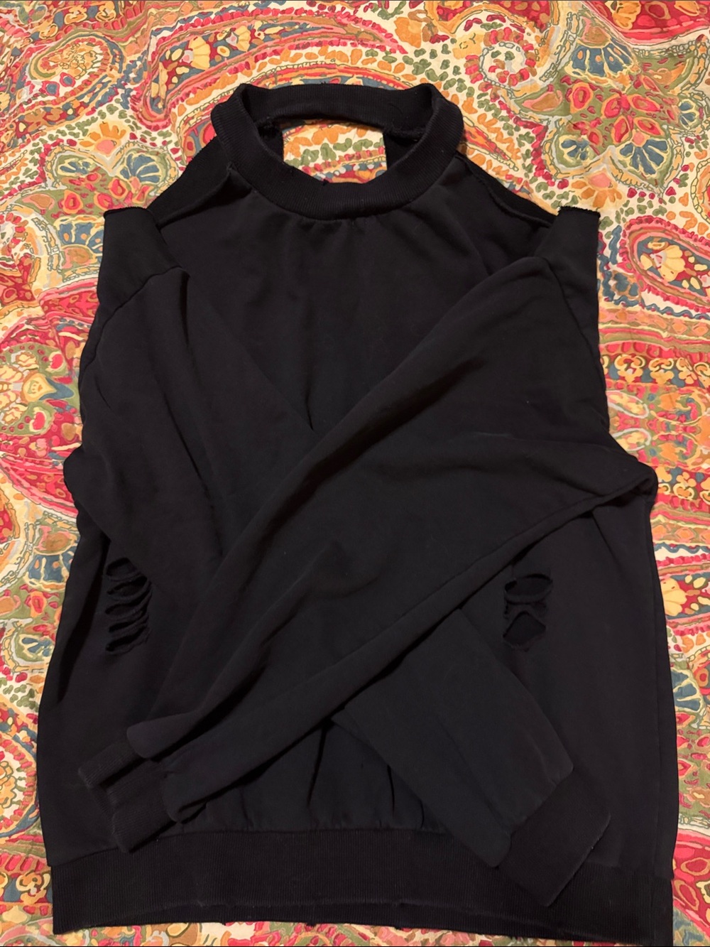 Honey Punch Black Distressed Cold-Shoulder Sweatshirt